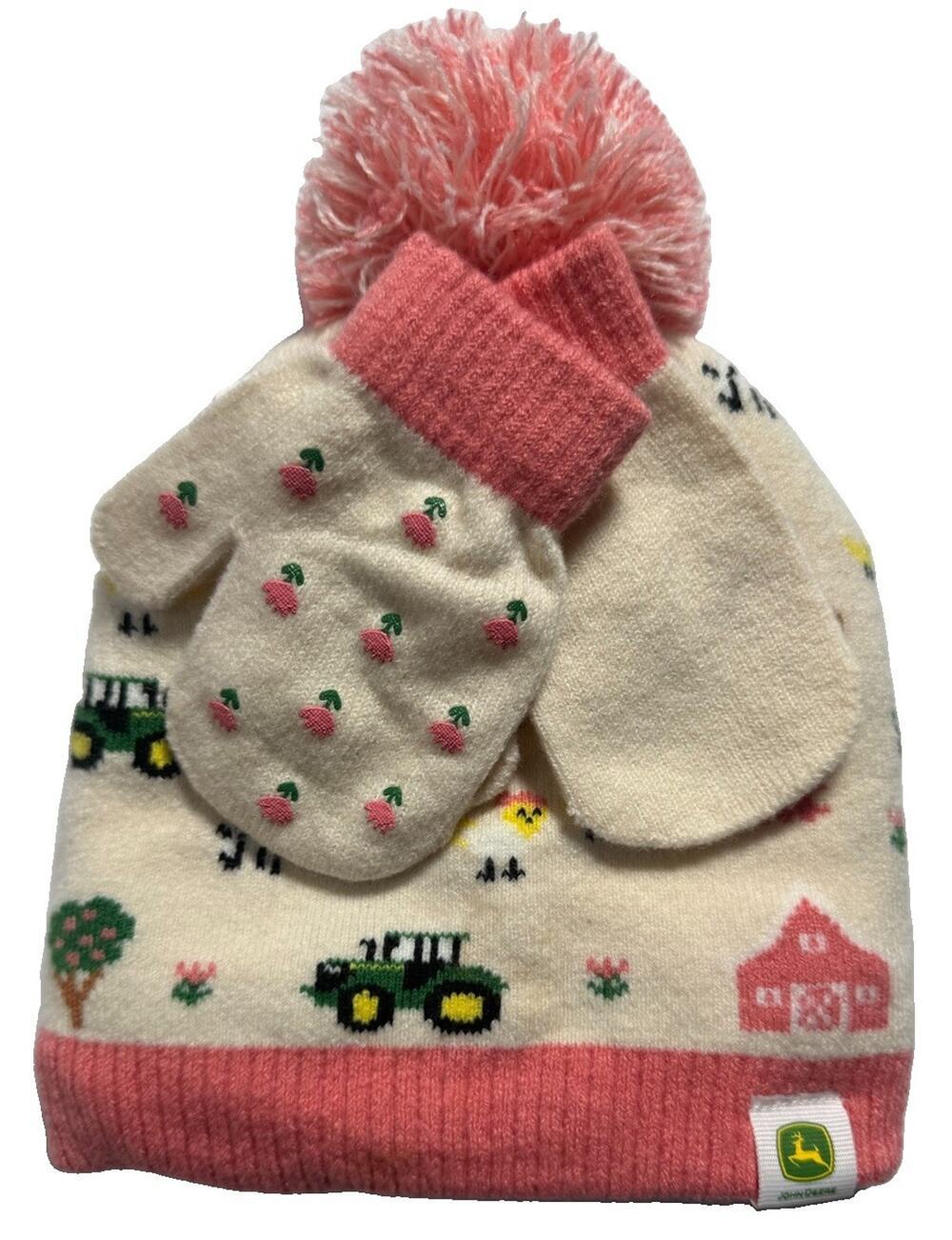 John Deere Girls Pink Tractor Farm Beanie Hat & Mittens Set Pom OS NWT Winter